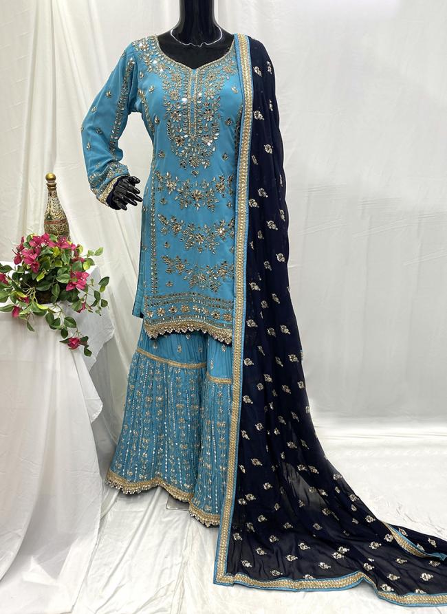 Georgette Blue Wedding Wear Hand Work Readymade Sharara Suit